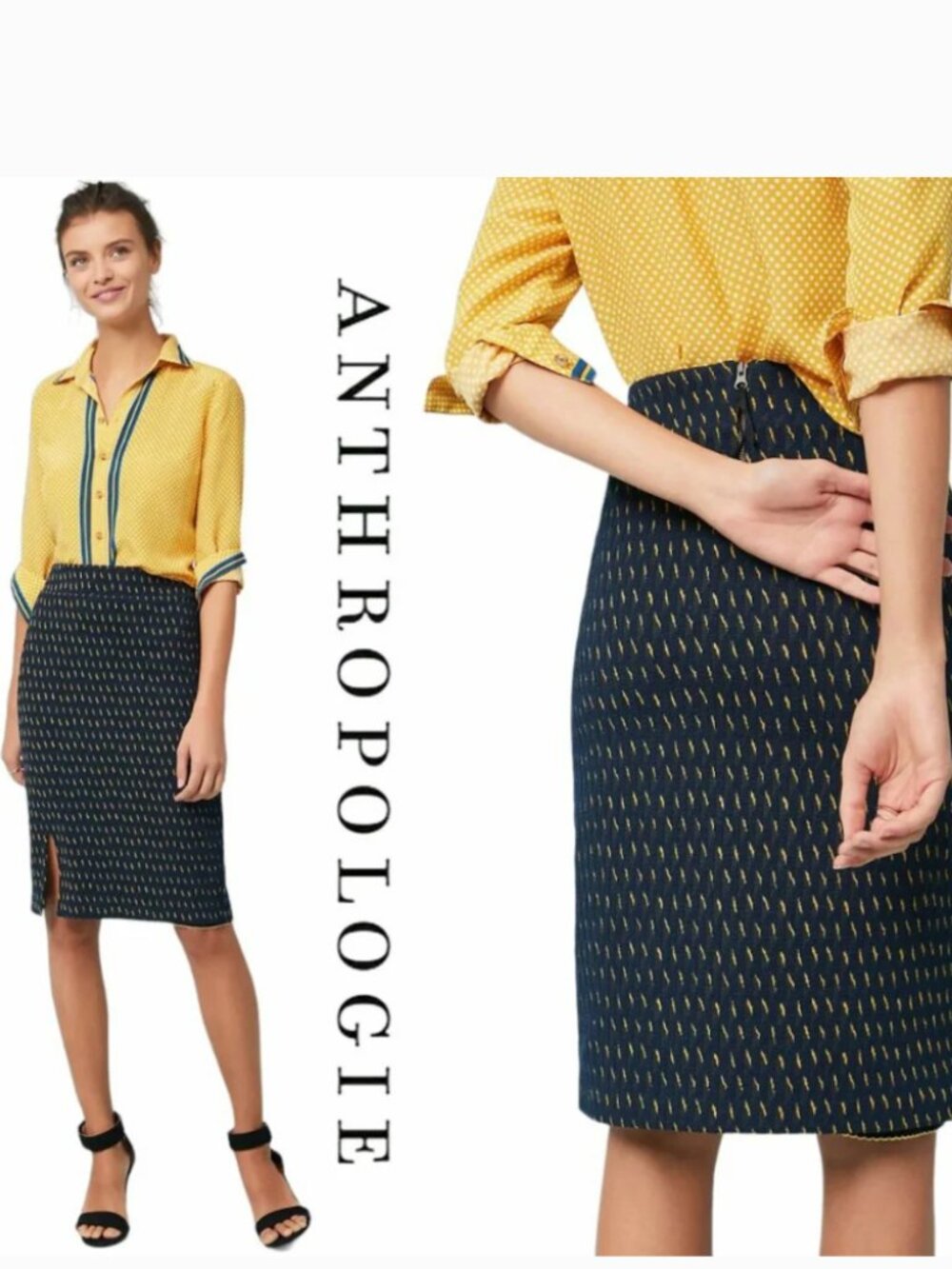 cAnthropologie Maeve Hannon Slit Pencil Skirt navy/yellow-Sz.4